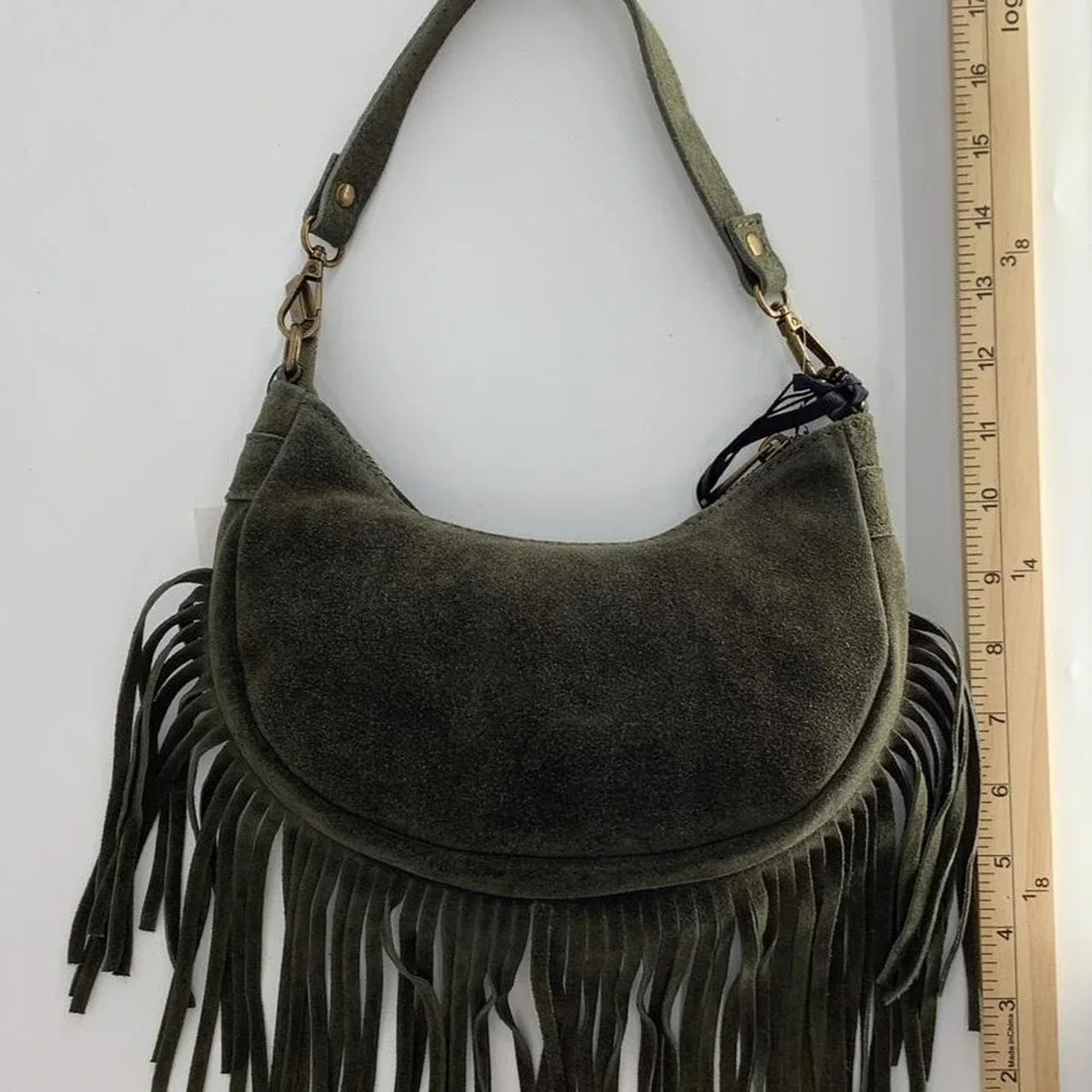 Marlon Firenze Olive Green Genuine Suede Fringe Hobo Shoulder Bag Italy NEW